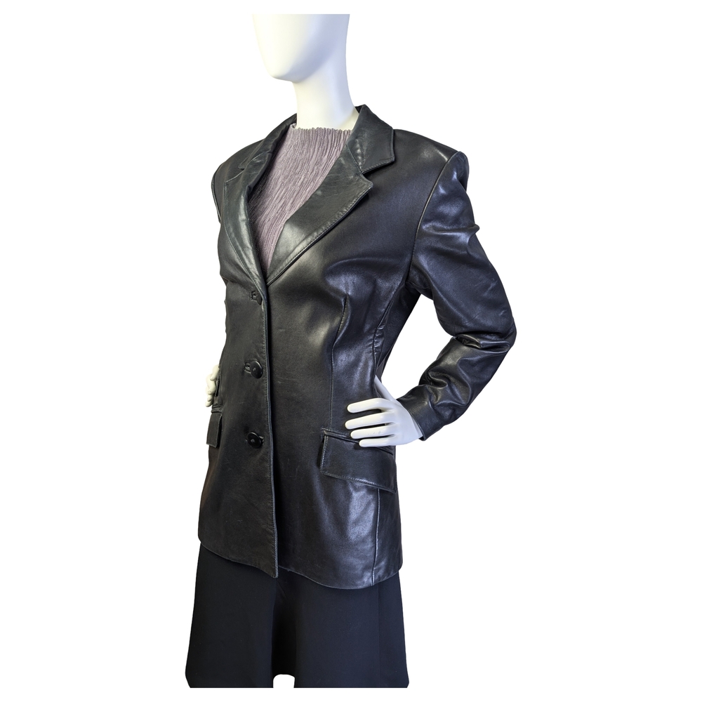 Vintage 90s Danier Minimalist Black Lamb Leather Blazer Jacket | Size M/L - Picture 3 of 9